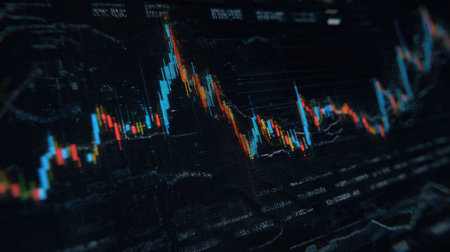 Stock market trend graph with candlestick chart on a dark trading platform interfaceの素材