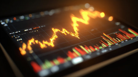 Abstract financial graph on a digital tablet screen showing fluctuating market trends with glowing linesの素材