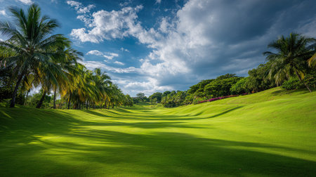 Lush fairway under tropical skies and palm trees with deep blue and white gradientsの素材