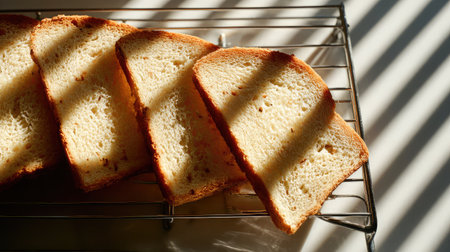 Sliced toast cooling on wire rack with soft overhead lighting and natural shadowsの素材