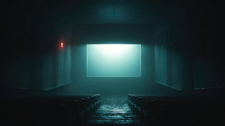 Tightly framed image of blank cinema screen glowing slightly in a dark roomの素材
