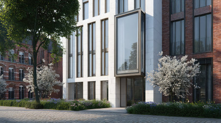 Contemporary townhouse with contrasting white and grey tones, landscaped front gardenの素材