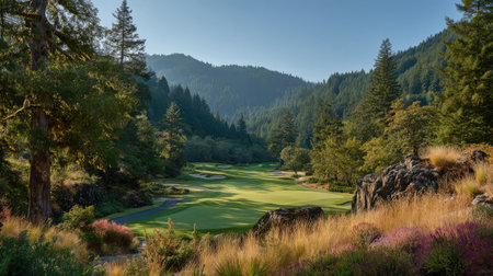 Golf course nestled in a natural valley surrounded by trees and framed by a calm, blue skyの素材