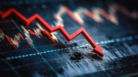 Chart showing financial downturn with falling red line and minimal grid backgroundの素材