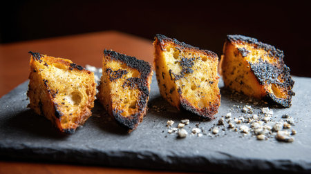 Toast pieces on slate board with a focus on crust detail and burnt tipsの素材