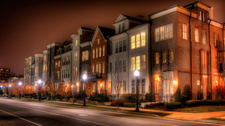 Nighttime view of townhouses with lights on and empty street illuminated by lamppostsの素材