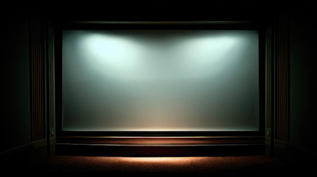 Tightly framed image of blank cinema screen glowing slightly in a dark roomの素材