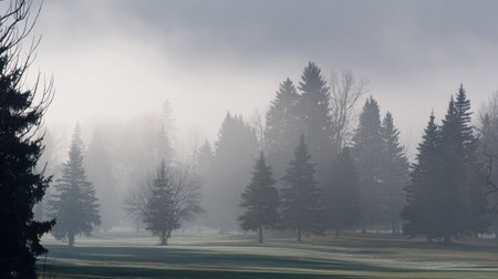 Fog lifting from a golf course, trees emerging slowly beneath a clearing morning skyの素材