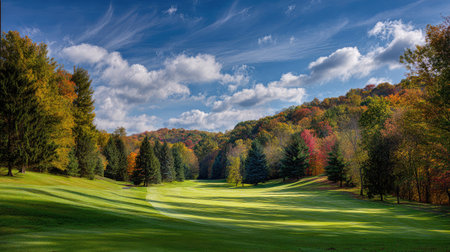 Autumn trees surrounding a peaceful fairway beneath crisp blue skies and white cloudsの素材