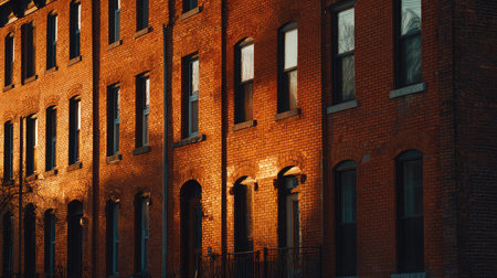 Early morning light illuminating the brick walls of uniform townhouse structuresの素材