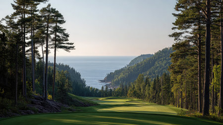 Elevated tee box overlooking a peaceful golf course framed by forest and a clear horizonの素材