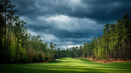 Long fairway lined with trees on both sides beneath a dramatic, partly cloudy skyの素材