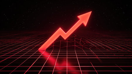 Growth chart with a bold red upward arrow and grid background in a futuristic designの素材