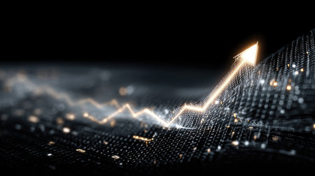 Line chart with data points and a glowing upward arrow on a digital black backgroundの素材