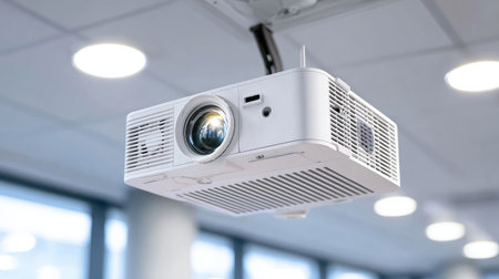 Close-up view of a digital projector ready for use in a clean and modern office meeting spaceの素材