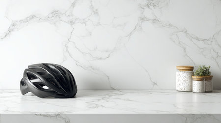 Minimalist scene with matte black cycling helmet on white marble countertopの素材
