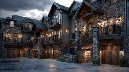 Luxury townhouse complex with stone facade, balconies, and upscale exterior lightingの素材