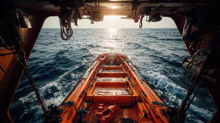 Lifeboat cradled in davits with bright sun flare and endless sea behindの素材