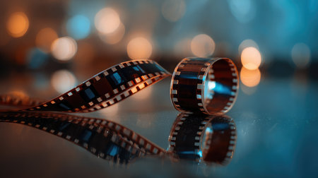 Filmstrip coiled loosely across a reflective surface with soft backlightの素材