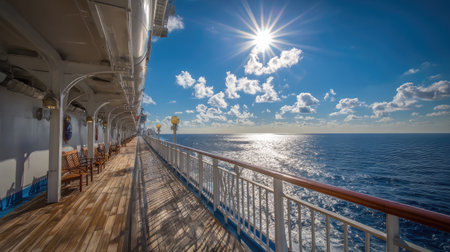 Wide deck of a cruise ship with open sea on all sides, sun shining over the horizonの素材