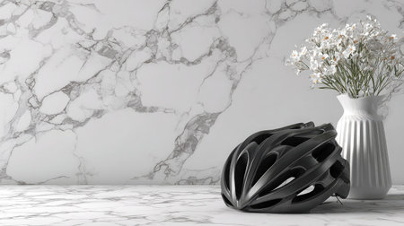 Minimalist scene with matte black cycling helmet on white marble countertopの素材