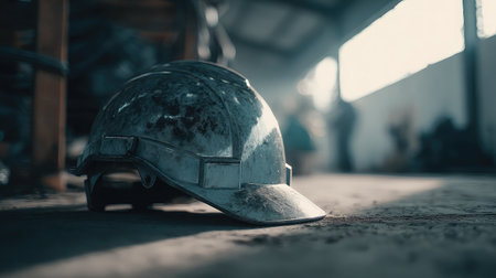 Industrial helmet placed under bright workshop lighting, showing clear surface textureの素材
