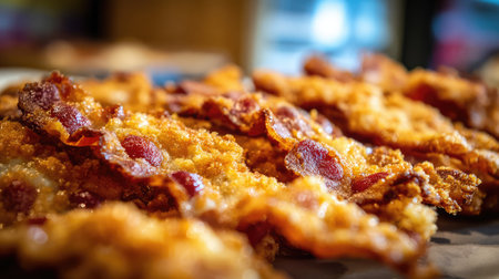 Layer of crunchy bacon filling the frame with detailed texture and crispy bubblesの素材