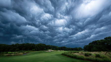 Dramatic sky with layered clouds over a forest-lined fairwayの素材