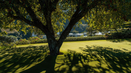 Beautiful tree shadows falling across the putting green with the open sky in viewの素材