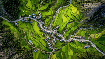 Remote village scene from above showing forked roads and vibrant green fields aroundの素材