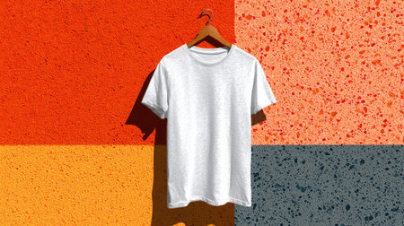 Basic white tee on hanger centered against a colorful textured backdropの素材