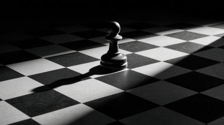 Black and white chessboard with dramatic shadows and a single pawn moved forwardの素材