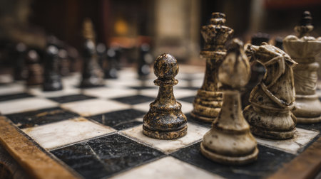 Close-up of chessboard during a tense match with pawns and knights in key positionsの素材