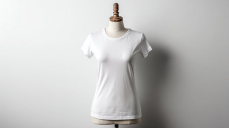 Blank white T-shirt displayed on a mannequin torso against a white studio backdropの素材