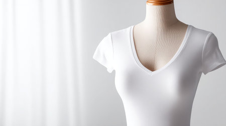 Blank white T-shirt displayed on a mannequin torso against a white studio backdropの素材