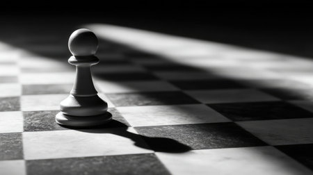 Black and white chessboard with dramatic shadows and a single pawn moved forwardの素材