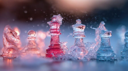 Chess game frozen mid-action with pieces precisely aligned in competitive positionsの素材