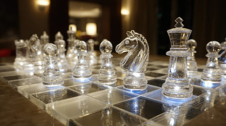 Chess set displayed in a retail store with lights highlighting glossy game piecesの素材