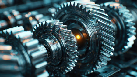 Close-up of gears and pistons in a modern industrial machine with oil sheen and high detailの素材