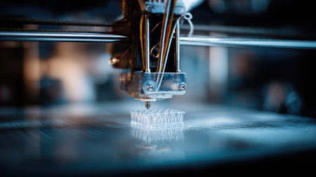 Advanced D printer creating mechanical parts layer by layer with visible filament coilsの素材