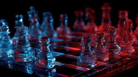 Chessboard lit with moody blue and red lights for a dramatic and futuristic effectの素材