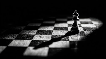 Black and white chessboard with dramatic shadows and a single pawn moved forwardの素材