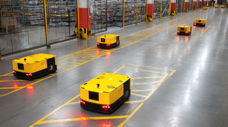 Automated guided vehicles AGVs navigating warehouse floor with LED path indicatorsの素材