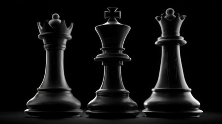 Chess pieces arranged in a dramatic final checkmate pose on a matte black surfaceの素材