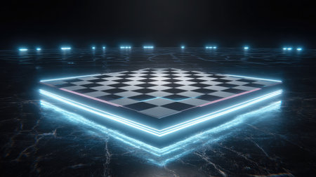 Chessboard floating in a minimalist digital environment, glowing with futuristic stylingの素材