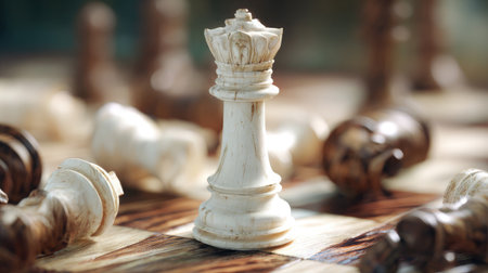 Close-up of a single white king standing on the board surrounded by fallen piecesの素材