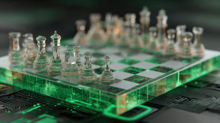 Chessboard floating in a minimalist digital environment, glowing with futuristic stylingの素材