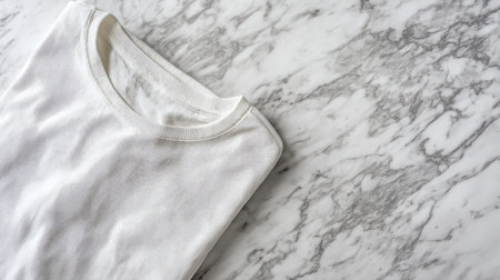 Clean white T-shirt laid out on marble surface with copy space around itの素材