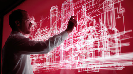 Digital schematics of a smart factory projected onto a transparent touchscreen panelの素材