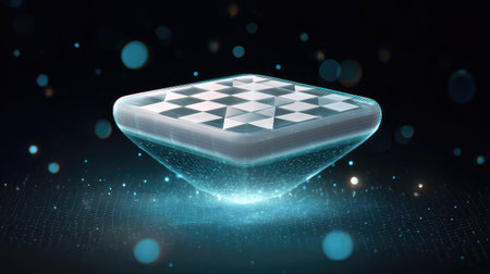 Chessboard floating in a minimalist digital environment, glowing with futuristic stylingの素材